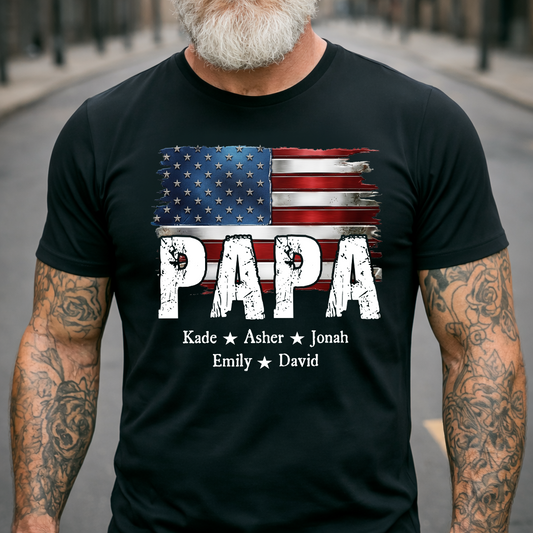 Personalized Papa Shirt Custom Kids Names Patriotic USA Flag, Custom Family Nickname for Dad Grandpa Birthday Father's Day Gift