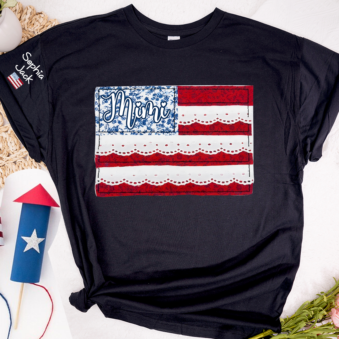 Personalized Mimi Patchwork USA Flag Shirt with Lace Details, Custom Family Name, 4th of July Independence Day T-shirt
