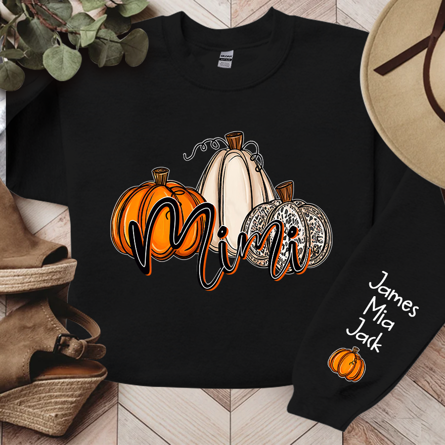 Personalized Mimi Sweatshirt With Grandkid Names On Sleeve, Custom Grandma Mimi Nana Pumpkins Autumn Sweatshirt