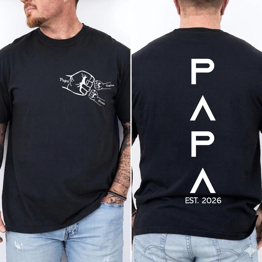 Personalized Papa Fist Bump Shirt with Kids Names, Custom Grandpa Back Print Shirt, Minimalist Papa Year Family Shirt for Fathers Day Birthday Gift