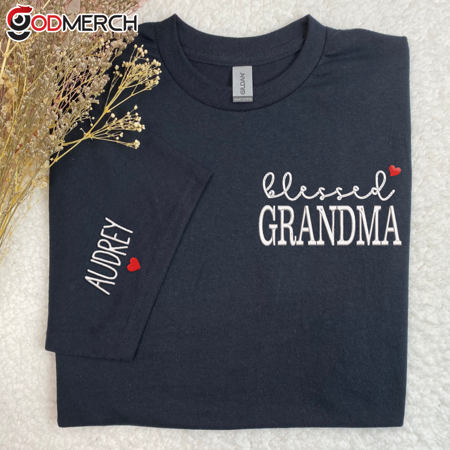Godmerch Blessed Grandma And Kids Embroidered T-shirt