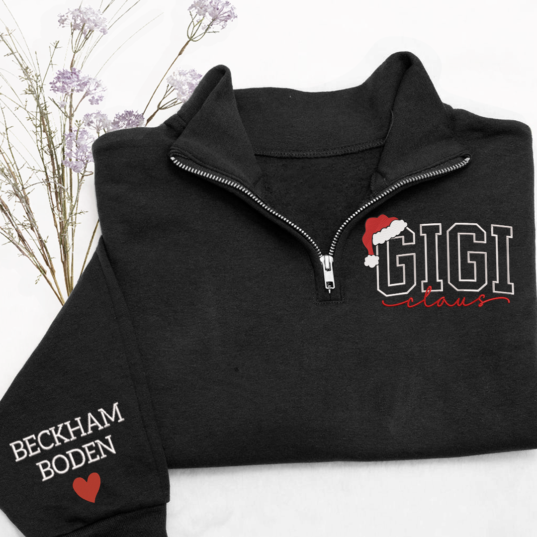 Custom Embroidered Gigi claus Sweatshirt And Grandkids Quarter Zip Sweater