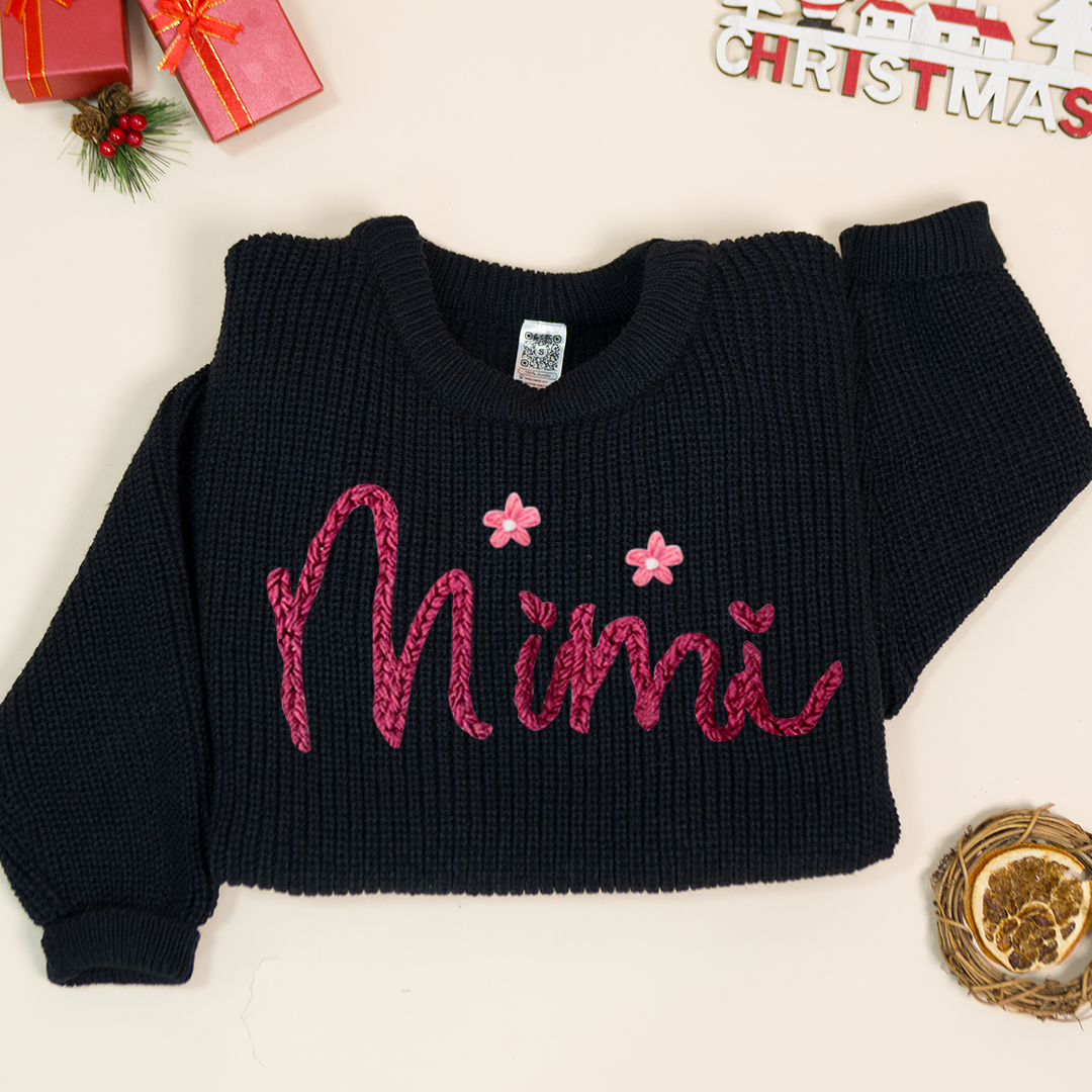 Hands Embroidery Women's Flower Block Short Sweater, Hand Embroidered Custom Name Sweater ,Oversized Sweater, Embroidered Name Sweater