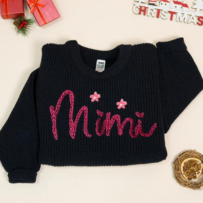 Hands Embroidery Women's Flower Block Short Sweater, Hand Embroidered Custom Name Sweater ,Oversized Sweater, Embroidered Name Sweater
