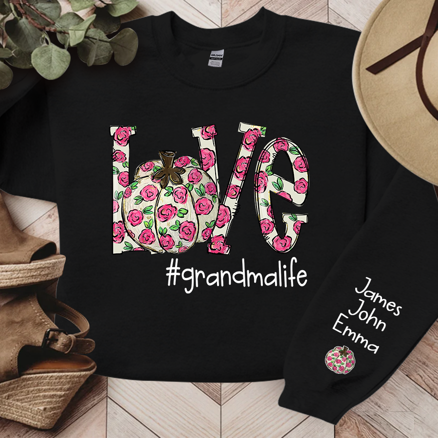 Personalized Love Pumpkin Flower Grandmalife And Grandkids Names Sweatshirt