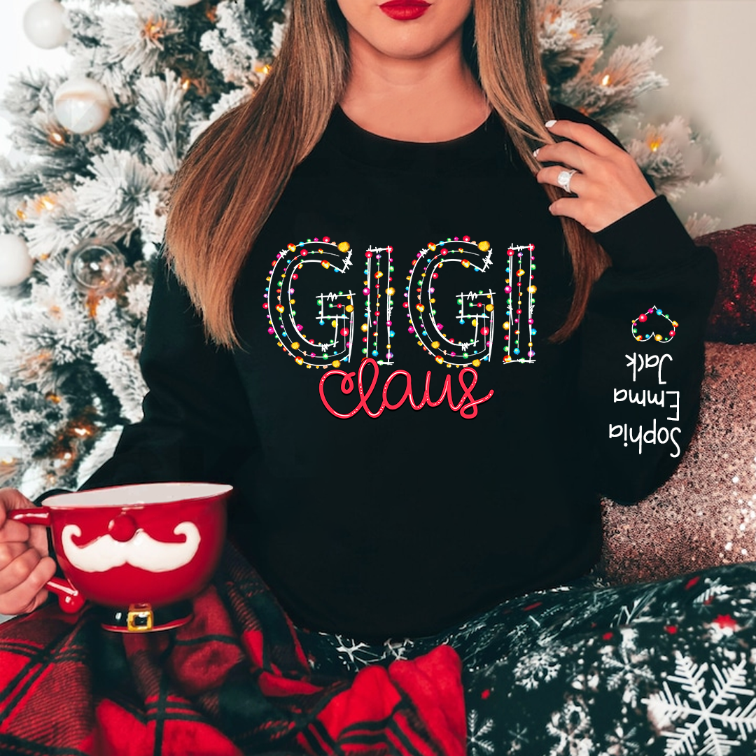 Personalized Gigi Claus Christmas lights And Grandkids Christmas Merry Sweatshirt