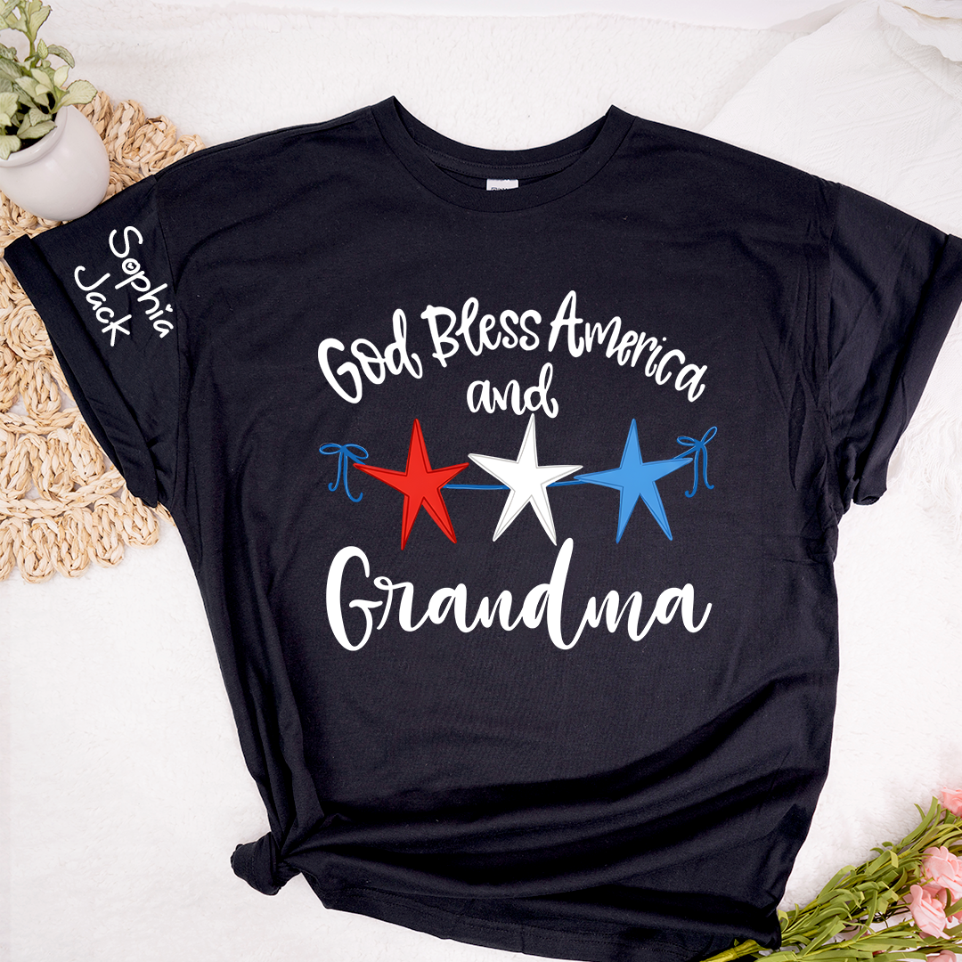 Personalized Custom God Bless America And Grandma T-shirt with Stars Design, Grandma Gigi Mama Mimi Shirt for 4th of July, Patriotic Gift for Mother's Day