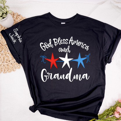 Personalized Custom God Bless America And Grandma T-shirt with Stars Design, Grandma Gigi Mama Mimi Shirt for 4th of July, Patriotic Gift for Mother's Day