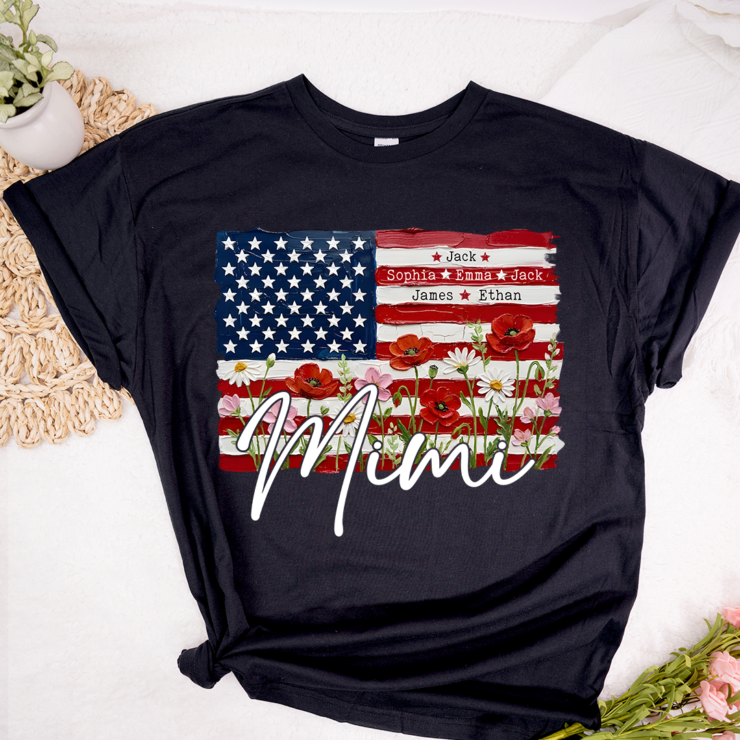 Personalized Patriotic USA Flag Floral Mimi T-shirt, Custom Family Names T Shirt, Perfect for Nana, Gigi, Grandma