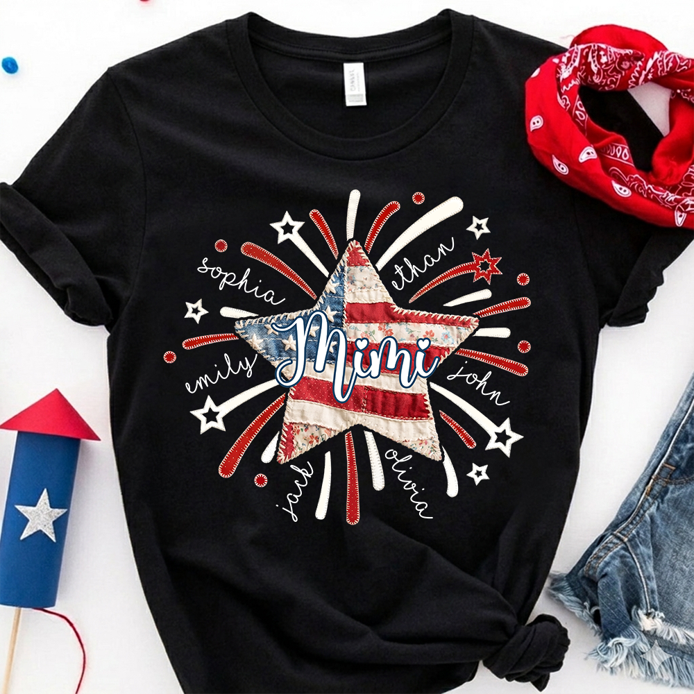 Personalized Mimi Patriotic Patchwork Star Shirt Custom Kids Names, American Flag Fireworks Graphic T Shirt for Grandma Nana Gigi, 4th of July Family Gift
