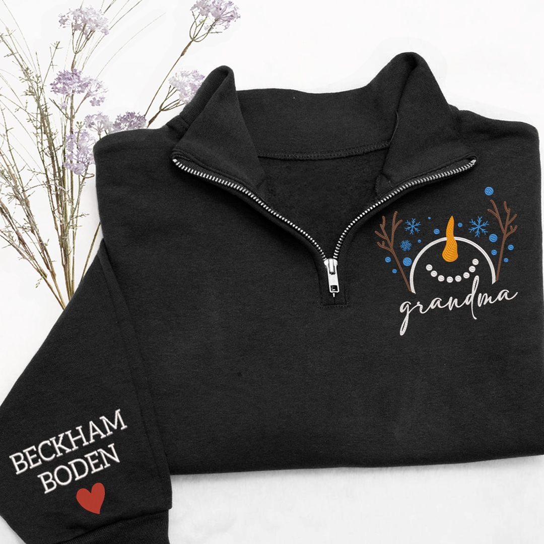 Custom Embroidered Grandma Snowman Sweatshirt And Grandkids Quarter Zip Sweater
