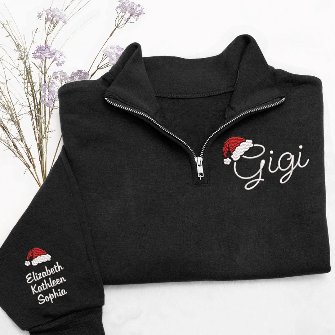 Gigi hat santa Merry Christmas Sweatshirt, Grandma And Grandkids Embroidered Quarter Zip Sweater