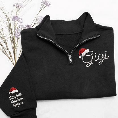 Gigi hat santa Merry Christmas Sweatshirt, Grandma And Grandkids Embroidered Quarter Zip Sweater