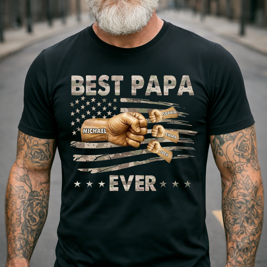 Personalized Best Papa Ever Shirt, Custom Fist Bump Family Names Tee for Papa Grandpa Dad, Patriotic American Flag Fathers Day Shirt