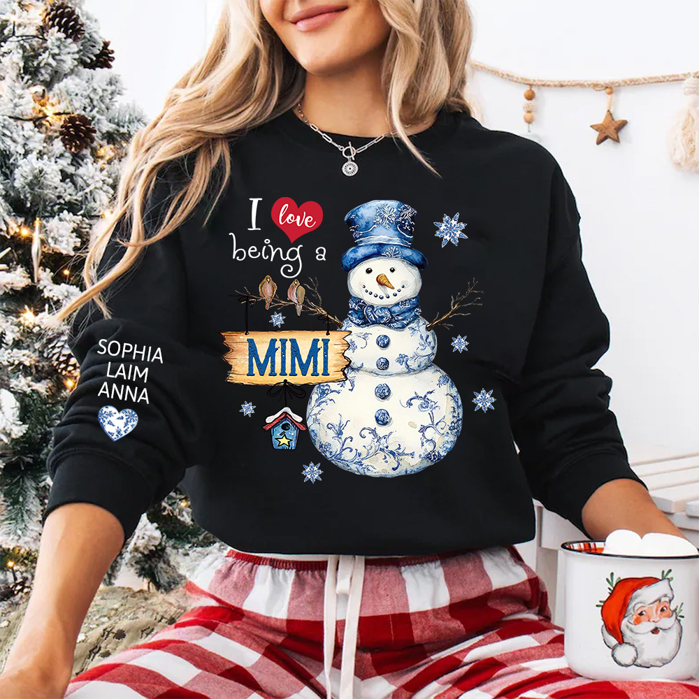 Personalized I Love Being a Mimi Snowman blue toile Sweatshirt and Grandkids Name Winter Design