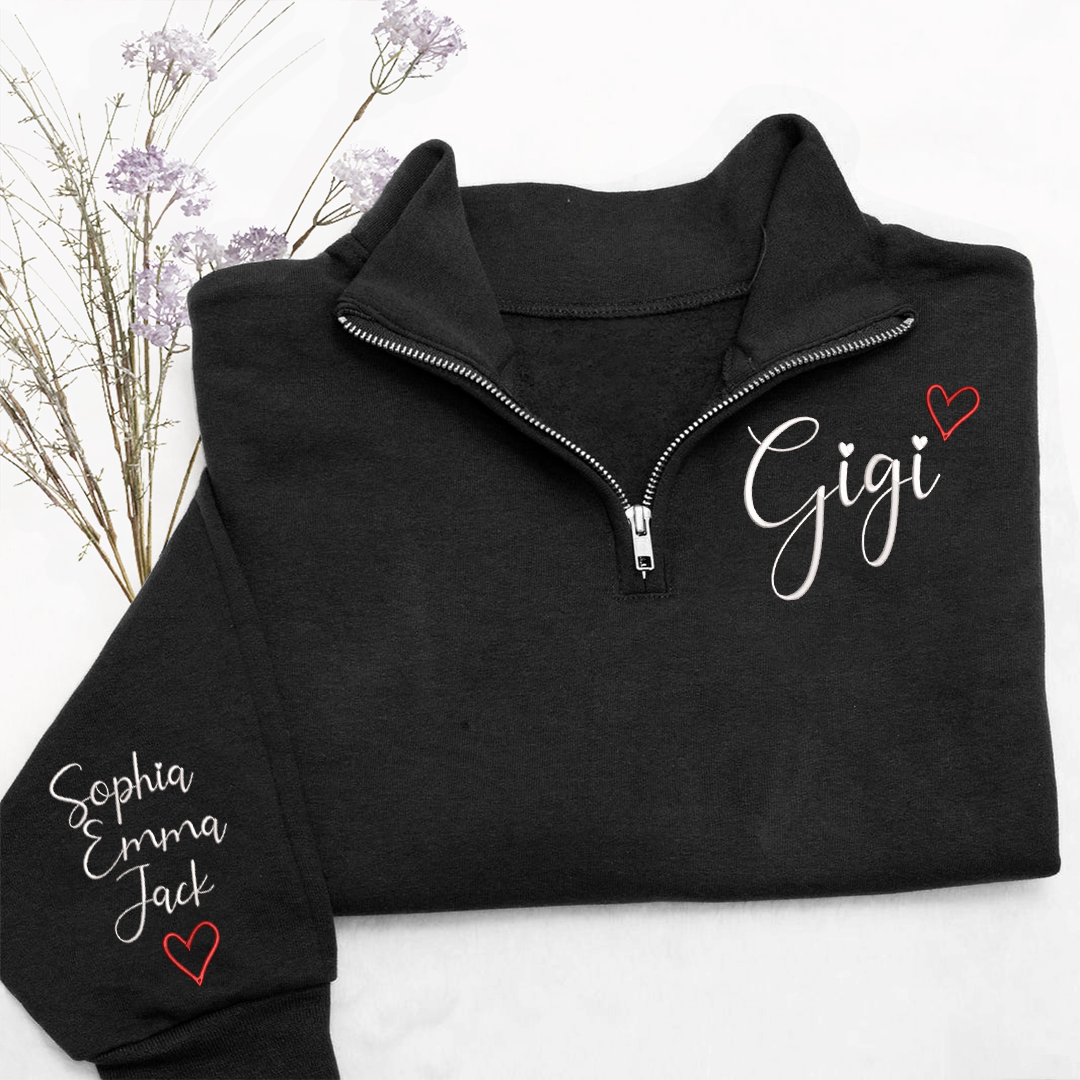 Gigi Heart Sweatshirt, Personalized Gigi Embroidered Quarter Zip Sweater