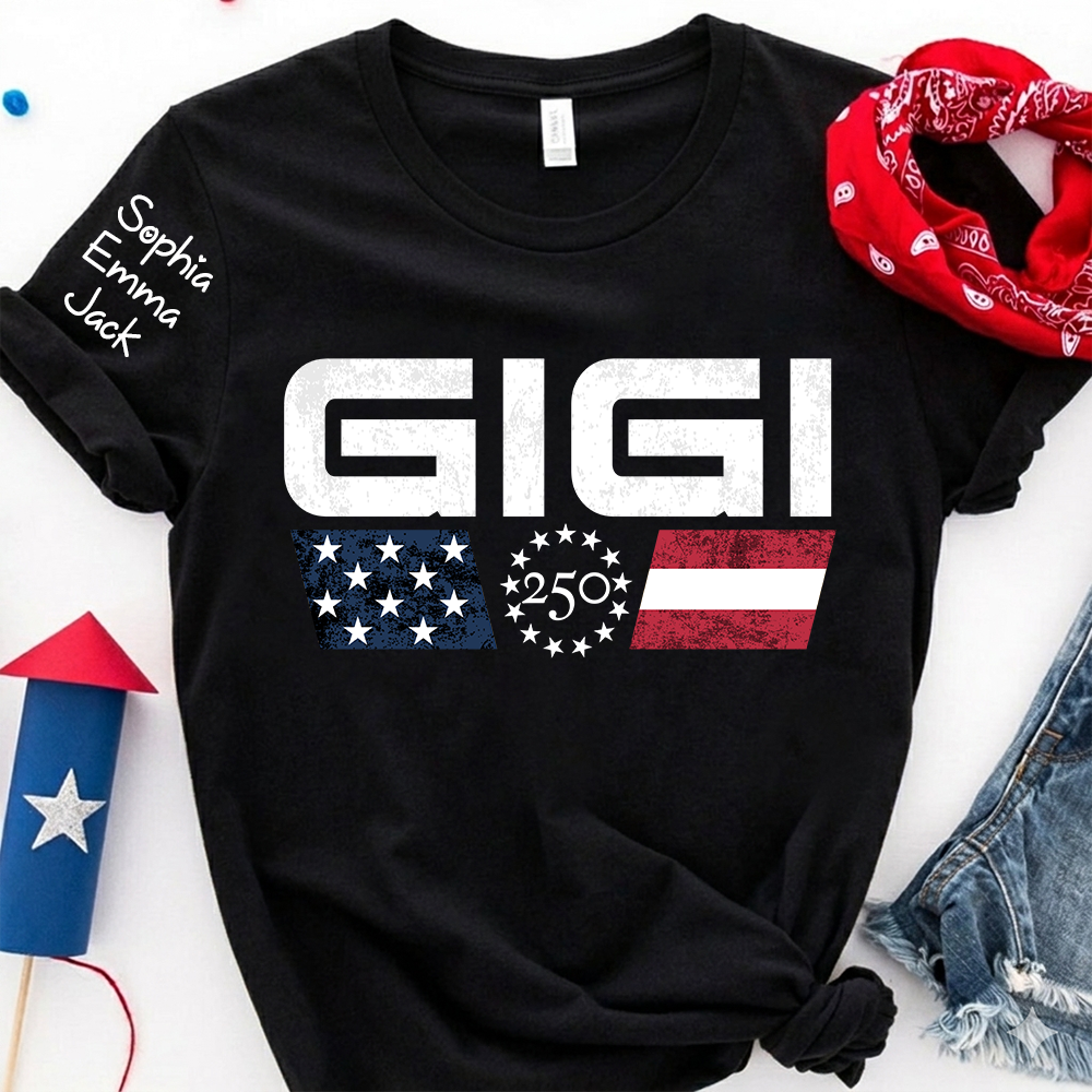 Personalized Grandma Gigi Mimi Nana Shirt Custom Kids Names Sleeve, U.S. 250th Anniversary Patriotic Flag 4th of July Family, Gift For Mother's Day Birthday