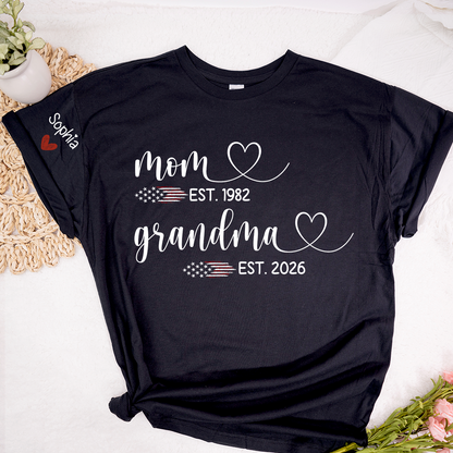 Personalized Mom & Grandma T-Shirt, Custom EST Year Design for Mom, Grandma, Mimi, Gigi, Nana, American Flag Hearts Graphic, Gifts for Mother's Day, 4th of July