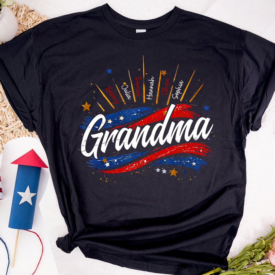 Personalized Grandma Shirt, Custom American Flag Design with Kids' Names, Family T Shirt for 4th of July
