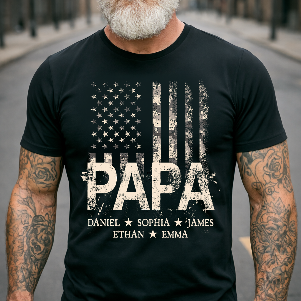 Personalized Papa American Flag Shirt, Custom Kids Names Patriotic T Shirt for Dad Grandpa, U.S. 250th Anniversary 4th of July Birthday Gift