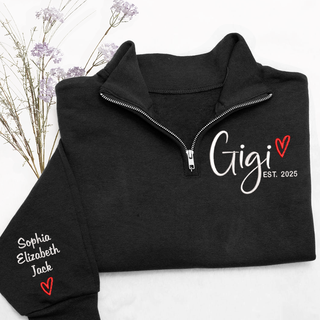 Custom Gigi Heart Est Sweatshirt, Personalized Gigi And Grandkids Embroidered Quarter Zip Sweater