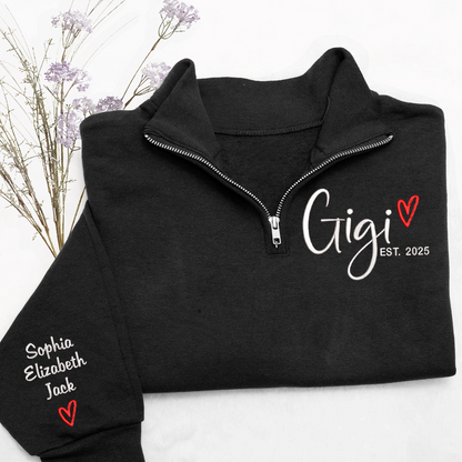 Custom Gigi Heart Est Sweatshirt, Personalized Gigi And Grandkids Embroidered Quarter Zip Sweater