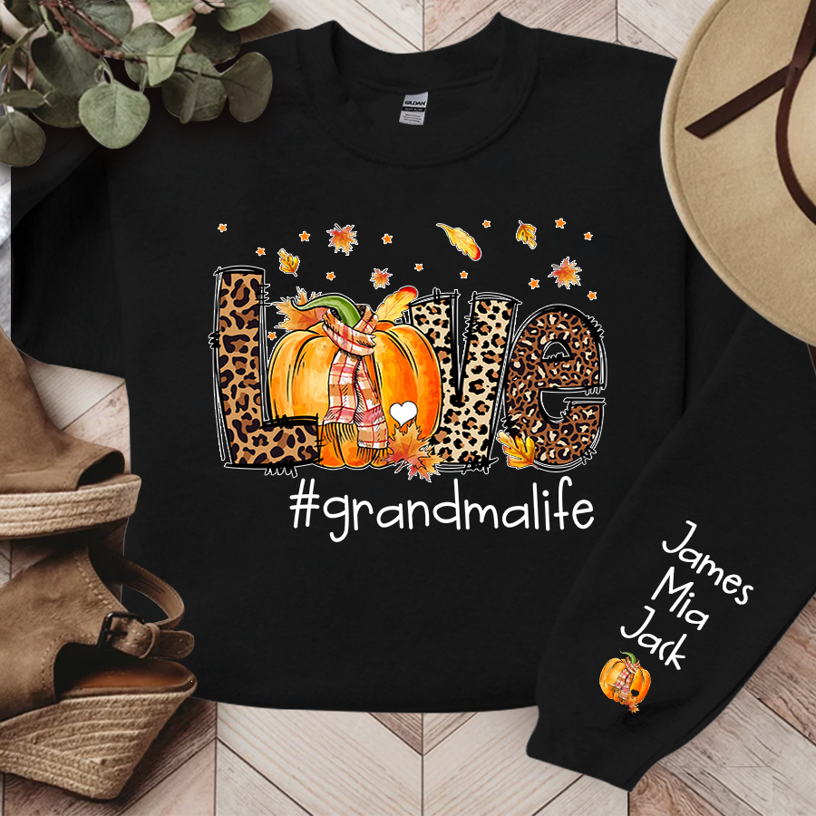 Love Grandma Life Leopard Fall Thanksgiving Halloween Leaves Cute Pumpkin Sweatshirt