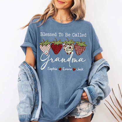 Comfort Colors® Personalized Blessed To Be Called Grandma, Custom Grandkids Names T-Shirt, Strawberry Patchwork Gift T-Shirt