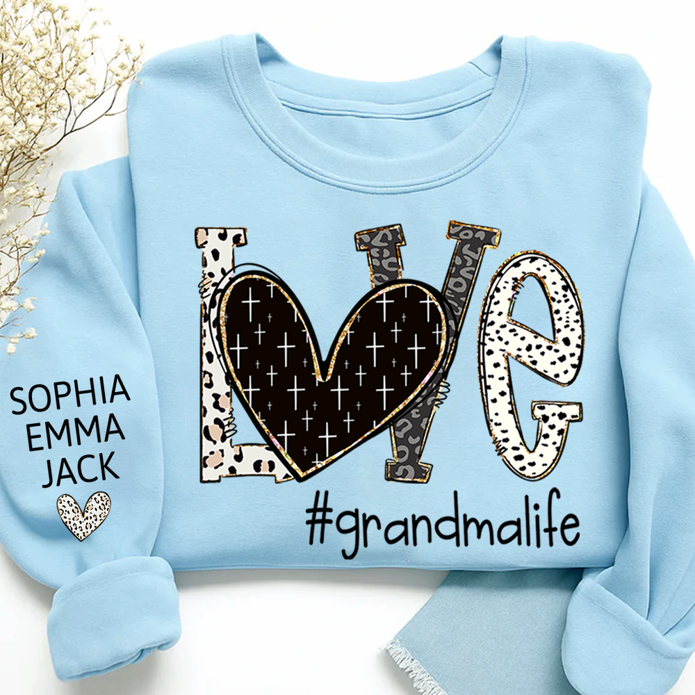 Personalized Love grandmalife Sweatshirt Bible Style Design & Custom Grandkids Names on Sleeve Sweatshirt