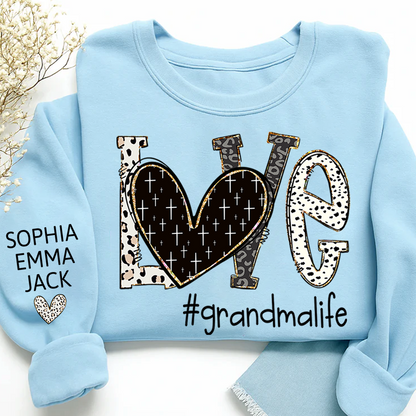 Personalized Love grandmalife Sweatshirt Bible Style Design & Custom Grandkids Names on Sleeve Sweatshirt