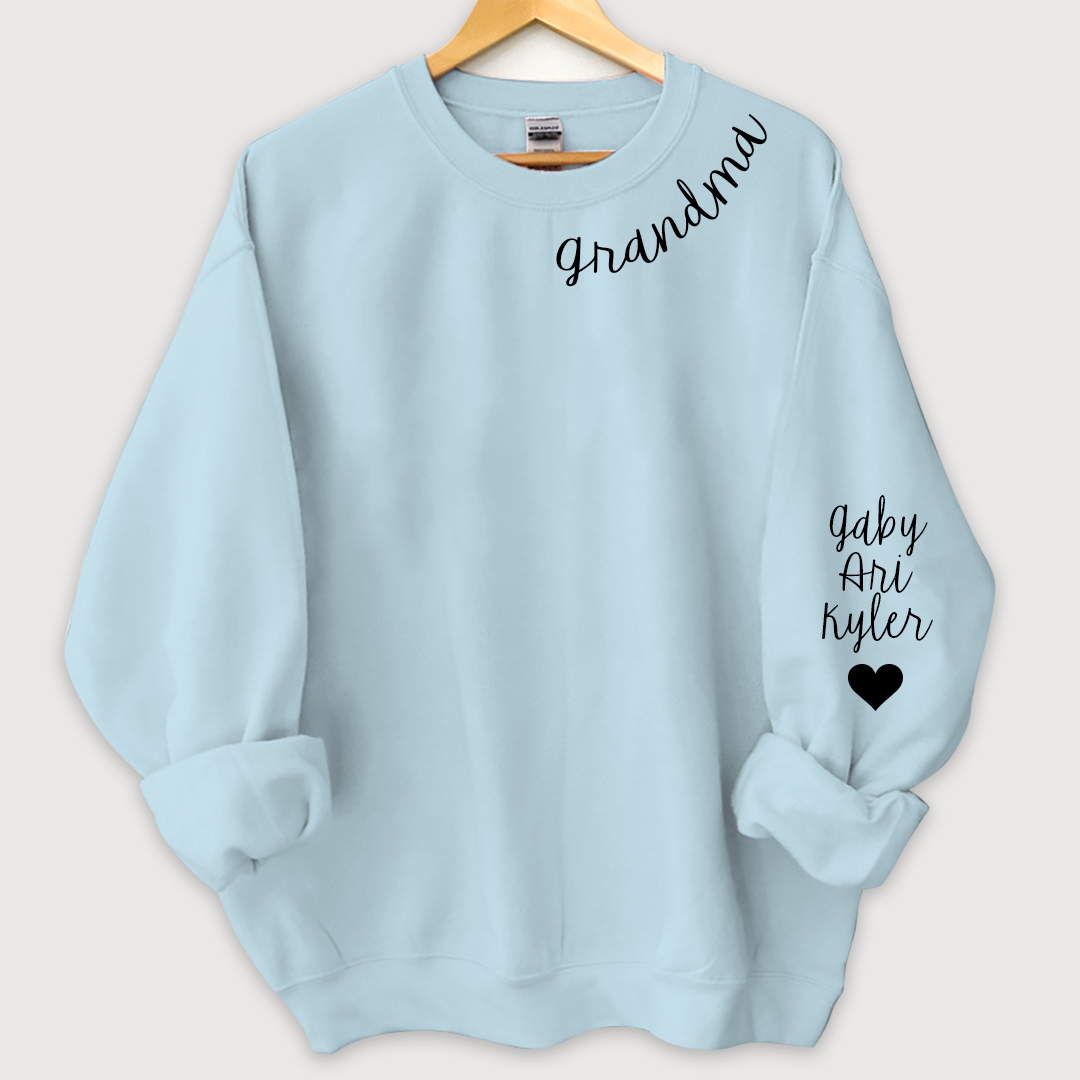 Nana Sweatshirt with name on collar and Grandkids names on sleeve, Grandma Sweatshirt