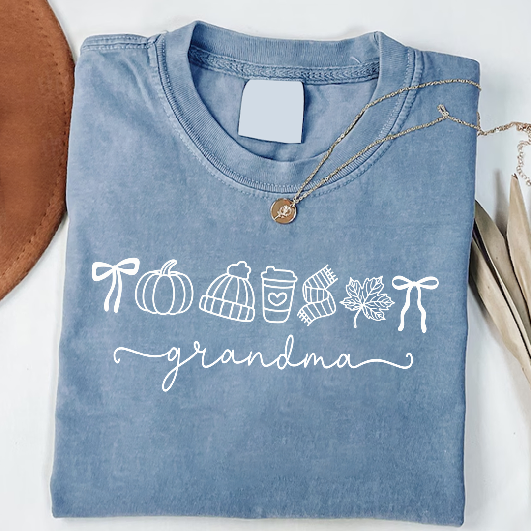 Comfort Colors® Personalized Grandma Fall T-Shirt, Pumpkin Coffee Autumn Leaves Shirt, Custom Grandma Name Thanksgiving Gift, Custom Family Names Gift for Grandma