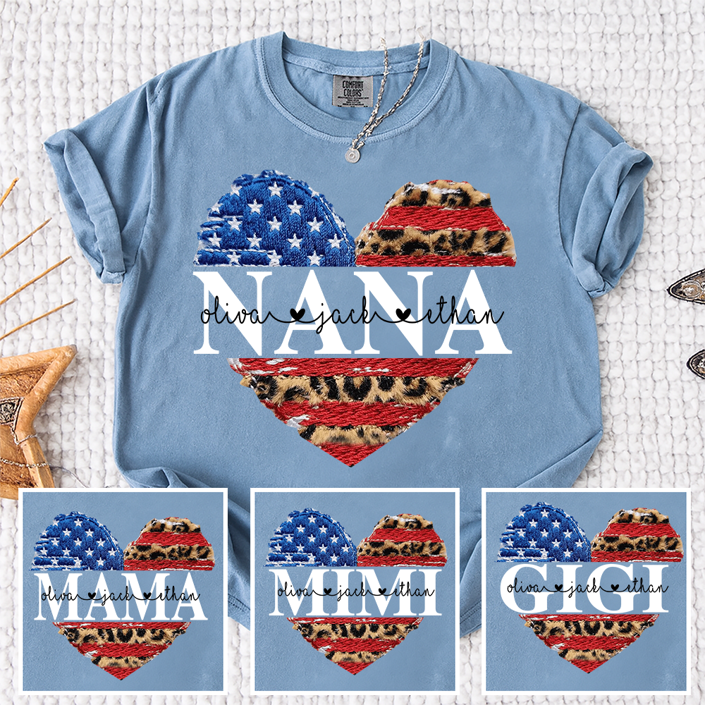 Comfort Colors® Personalized Nana Patriotic Heart Shirt with Grandkids Names, Custom Family Nickname Tee, American Flag Leopard Print, 4th of July Outfit Gift For Mother's Day Birthday