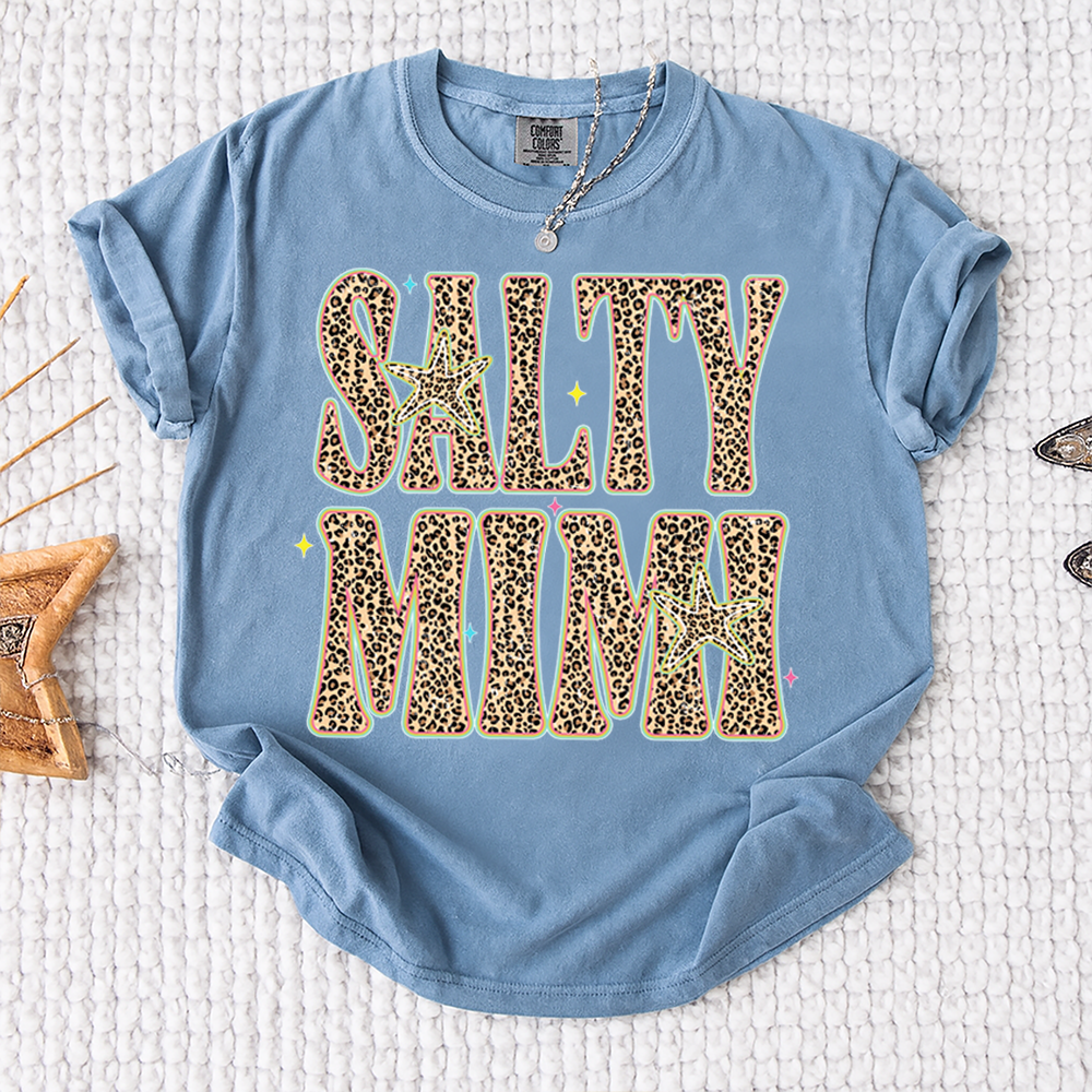 Comfort Colors® Personalized Salty Mimi Leopard Starfish Shirt, Beach Summer Vacation Tee, Funny Coastal Mimi Mom Life Shirt, Gift for Grandma Nana Mimi Women