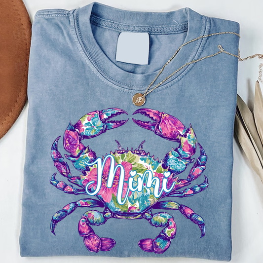 Comfort Colors® Personalized Mimi Crab Shirt, Colorful Floral Crab Graphic, Custom Grandma Beach Shirt, Coastal Summer Vacation Shirt, Ocean Lover Gift for Mimi Nana Gigi
