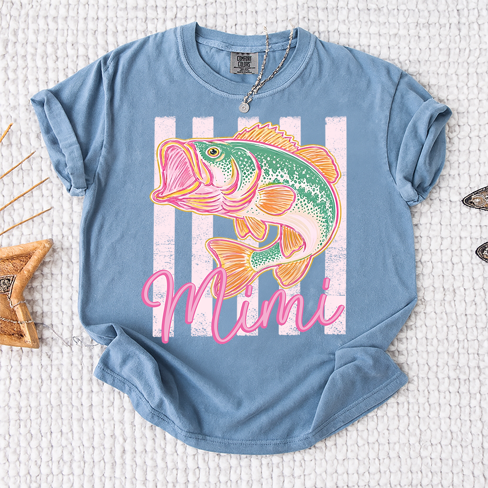 Comfort Colors® Personalized Mimi Fishing Preppy Summer T-Shirt – Trendy Colorful Fish Graphic Tee for Grandma, Beach Vacation, Summer Vibes, Grandma Birthday Shirt