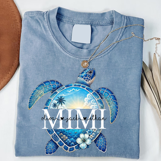 Comfort Colors® Personalized Mimi Sea Turtle Shirt, Custom Grandkids Names Beach Tee, Coastal Ocean Summer Gift for Grandma