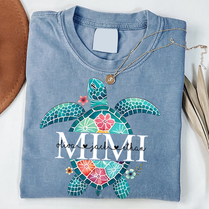 Comfort Colors® Personalized Mimi Sea Turtle Shirt, Custom Grandkids Names Beach Shirt, Coastal Summer Vacation Shirt for Grandma, Ocean Lover Gift for Mimi Nana Gigi