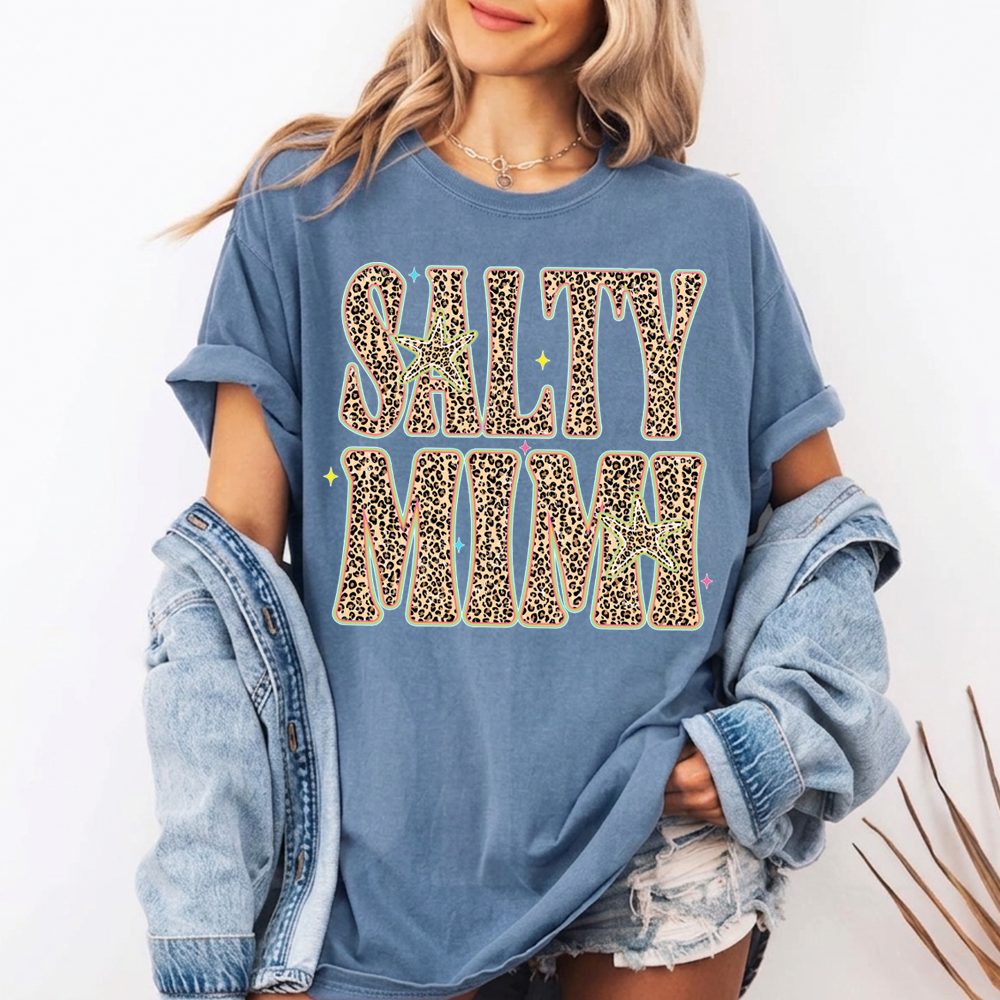 Comfort Colors® Personalized Salty Mimi Leopard Starfish Shirt, Beach Summer Vacation Tee, Funny Coastal Mimi Mom Life Shirt, Gift for Grandma Nana Mimi Women