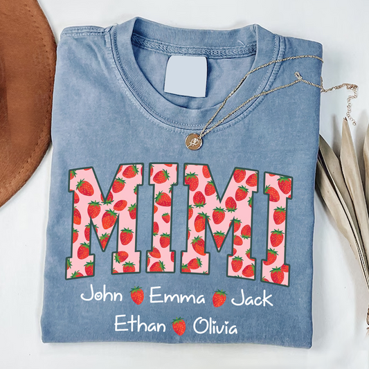 Comfort Colors® Personalized Mimi Strawberry Shirt, Custom Grandma Shirt with Grandkids Names, Cute Strawberry Graphic T-Shirt