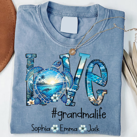 Comfort Colors® Personalized Love grandmalife Sea Turtle Shirt, Custom Family Names Gift for Grandma Shirt, Gift for Mimi Nana Gigi