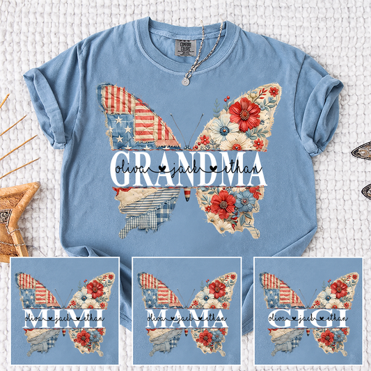 Comfort Colors® Faux Patriotic Butterfly Shirt, Custom Design for Grandma, Colorful Floral & Patriotic USA Flag Butterfly, Gifts for Mother's Day, 4th of July, Birthday