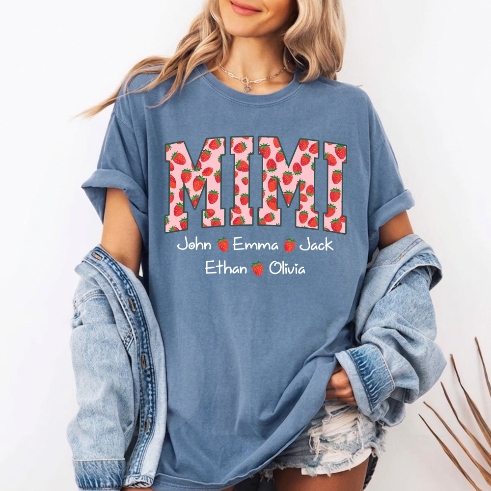 Comfort Colors® Personalized Mimi Strawberry Shirt, Custom Grandma Shirt with Grandkids Names, Cute Strawberry Graphic T-Shirt