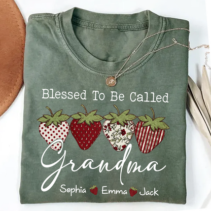 Comfort Colors® Personalized Blessed To Be Called Grandma, Custom Grandkids Names T-Shirt, Strawberry Patchwork Gift T-Shirt
