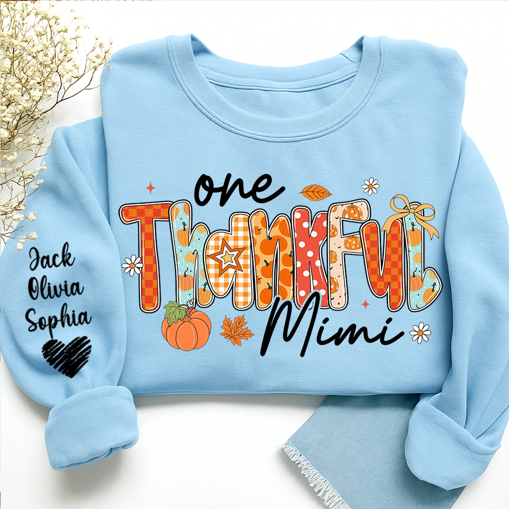 Personalized One Thankful Mimi Sweatshirt – Fall Pumpkin Design with Grandkids’ Names on Sleeve