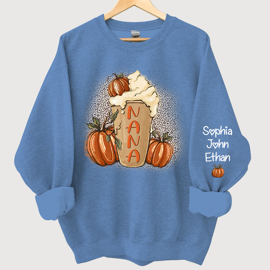 Personalized Nana Latte With Pumpkin Grandkids Fall Latte Coffie Sweatshirt