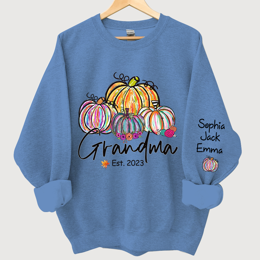 Personalized Grandma Est Painted Color Pumpkin And Grandkids Autumn Sweatshirt