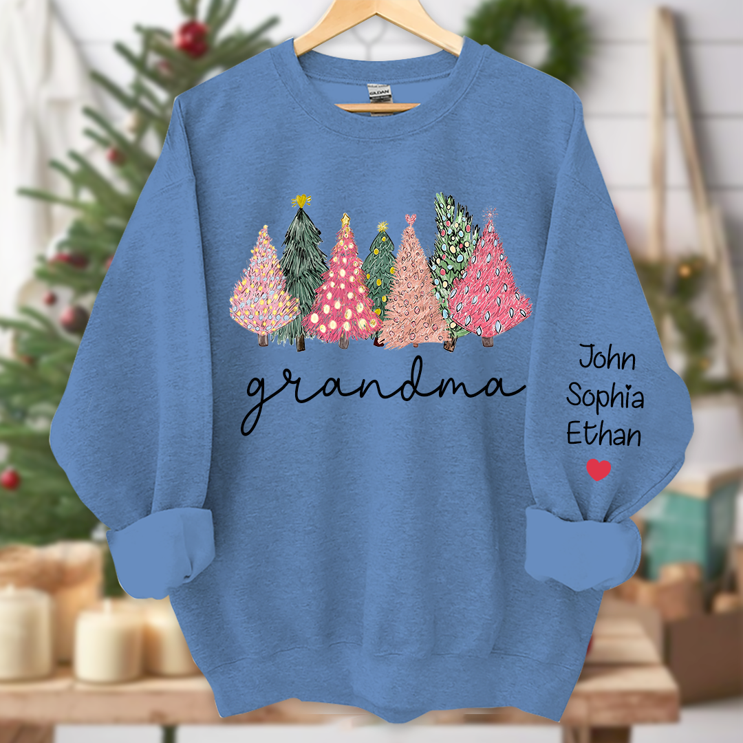 Grandma Christmas trees lights snow pink green cozy winter And Grandkids Names  Sweatshirt