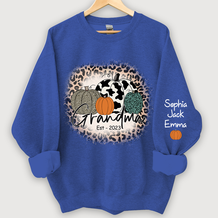 Happy Fall Leopard Pumpkin Grandma Est And Grandkids Autumn Sweatshirt