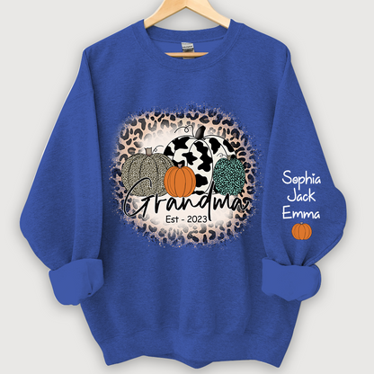 Happy Fall Leopard Pumpkin Grandma Est And Grandkids Autumn Sweatshirt